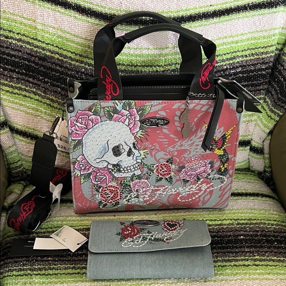 #1025+ Ed Hardy Pink and Gray Skull Tote Bag & Wallet